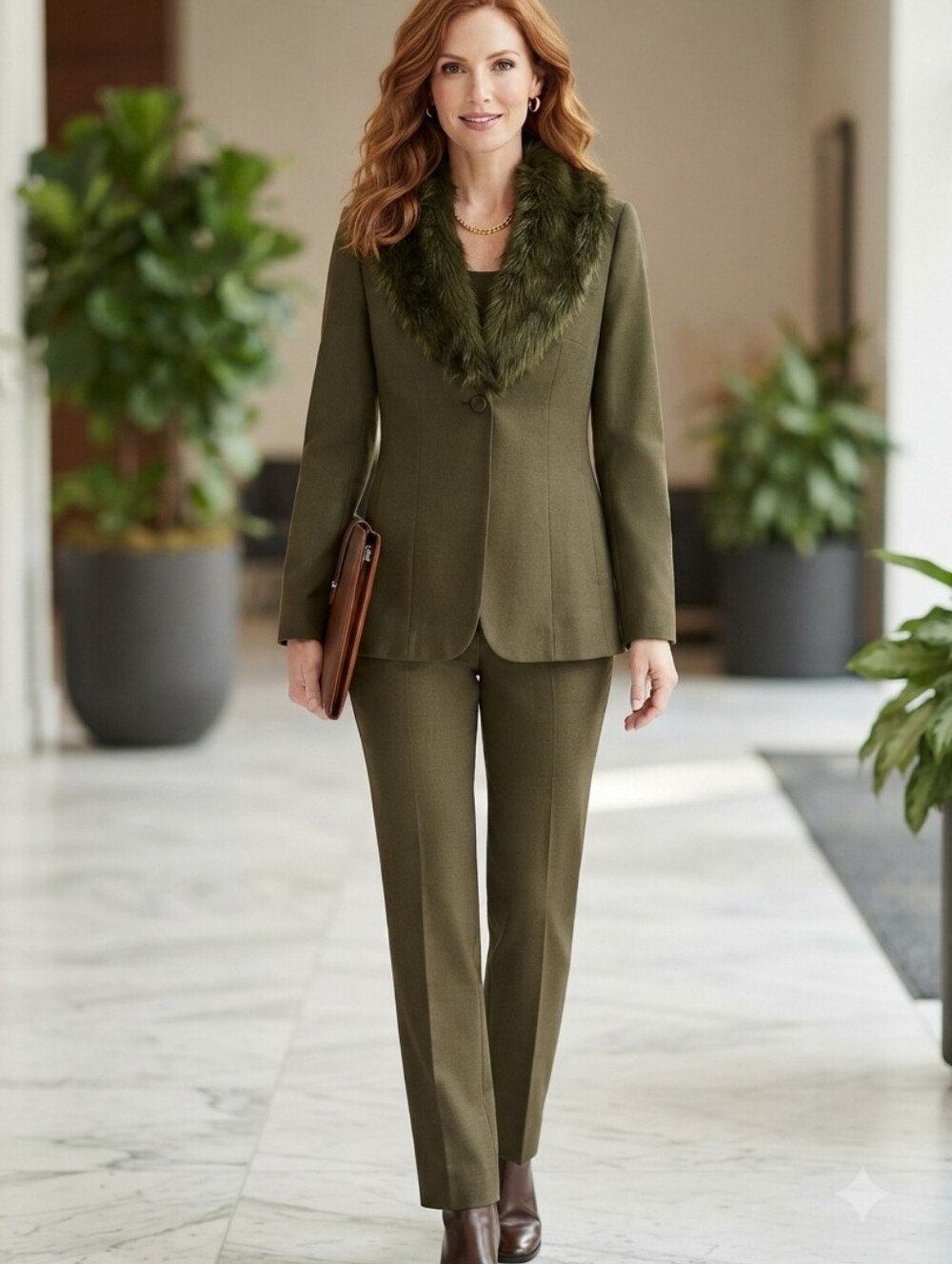 Women's Olive Faux-Fur Collar jacket and matching pants